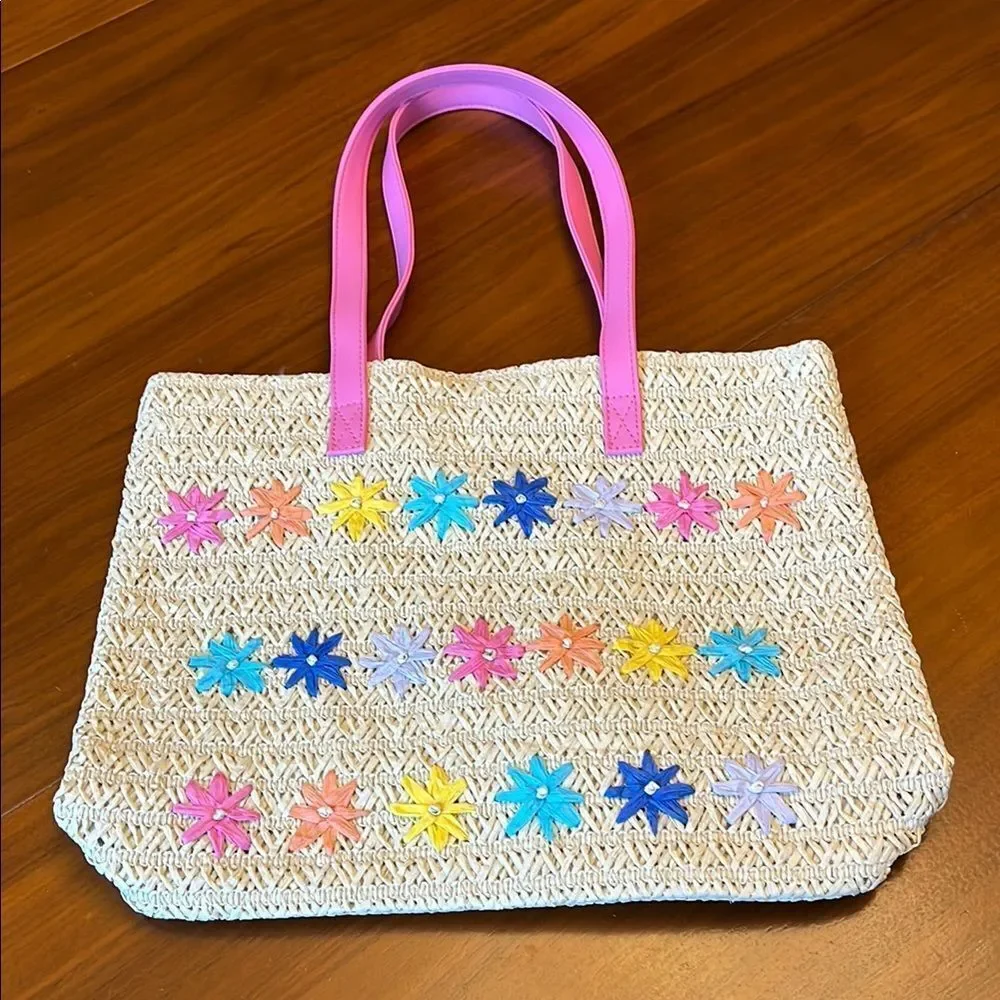 Cat & Jack Paper Straw Flower Embroidery Tote Bag